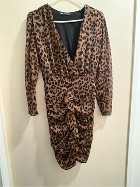Zara Leopard Print Wrap-Style Long Sleeve Dress - Brown & Black